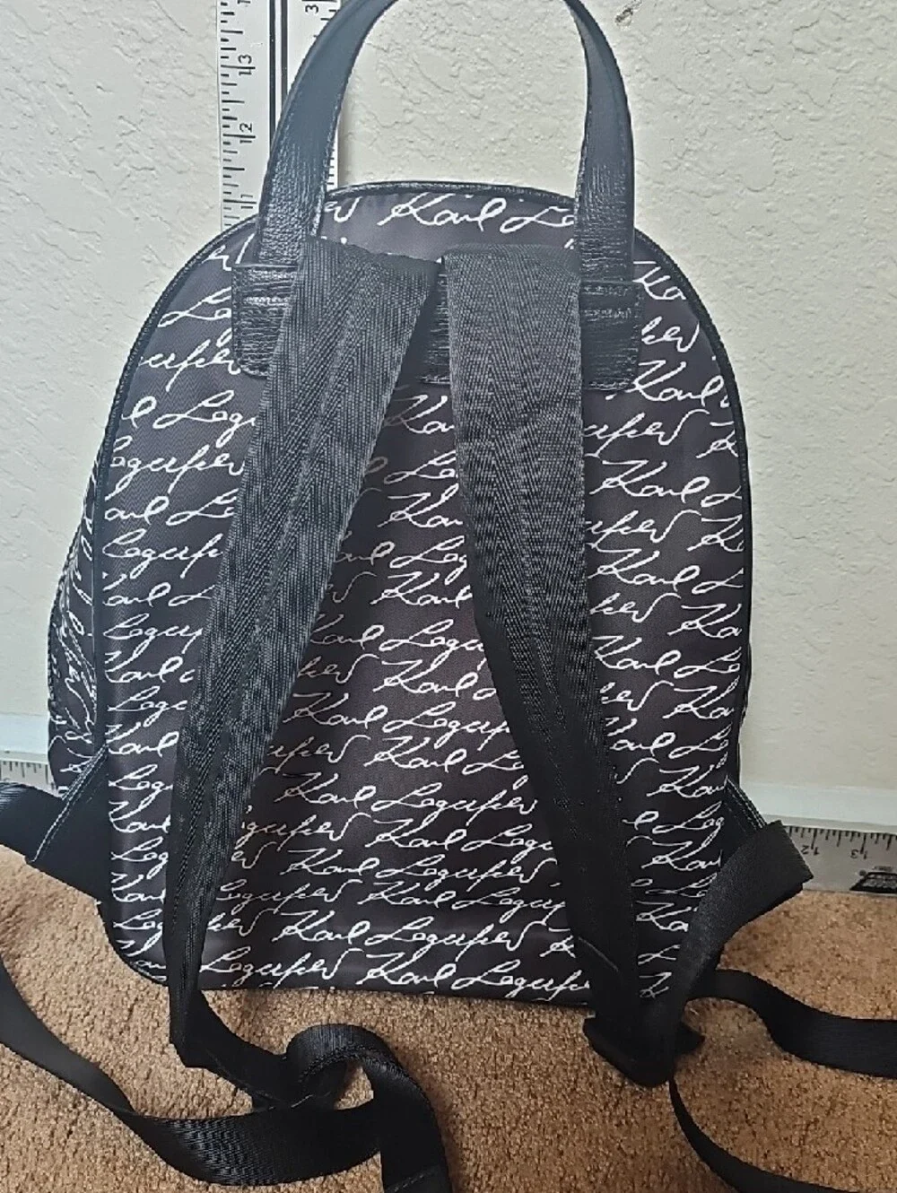 Karl Lagerfeld Black and White Script Mini Backpack with Character Patches